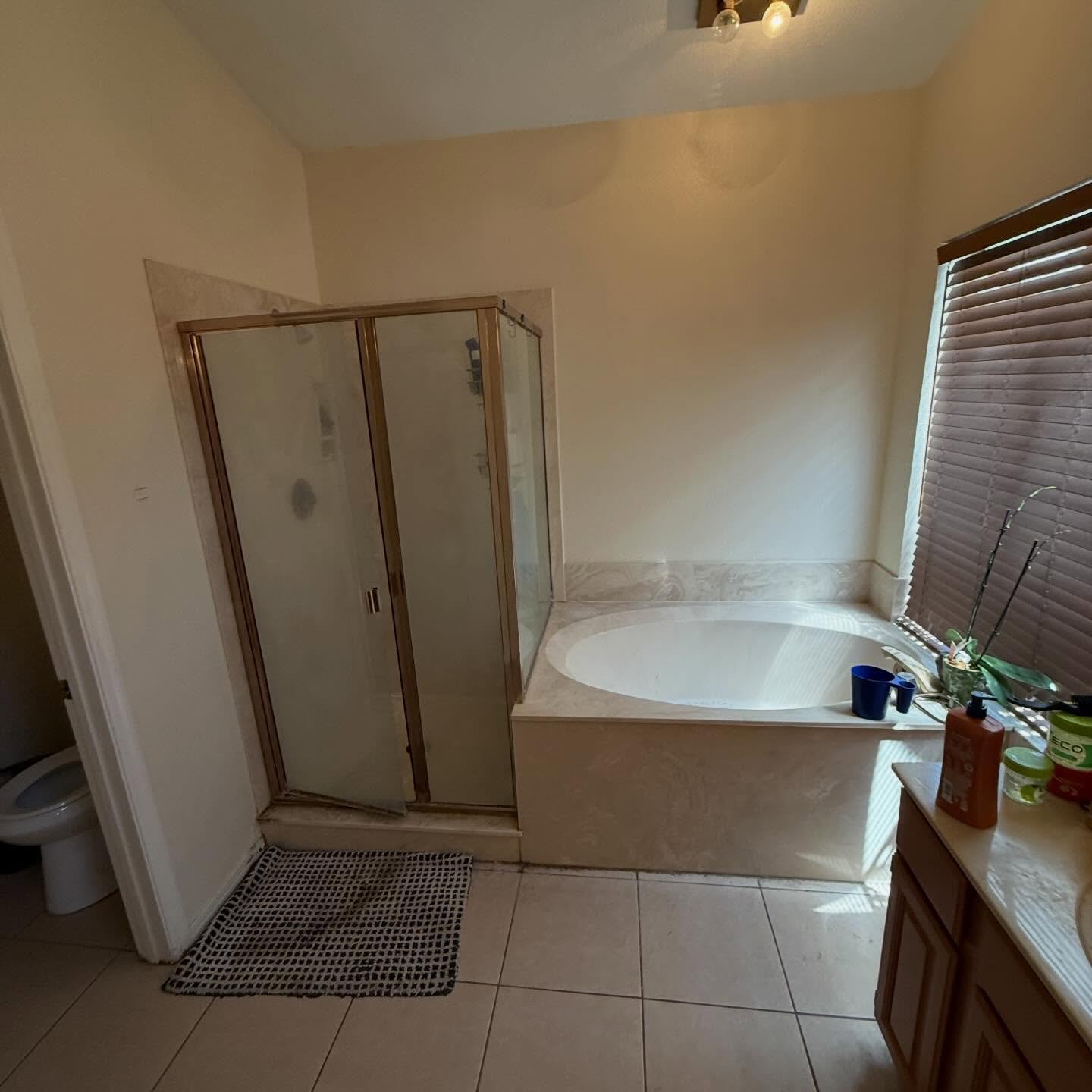 Walk-In Shower Remodel: Replacing a Tub/Shower Combo with a Seamless Slab Surround — before